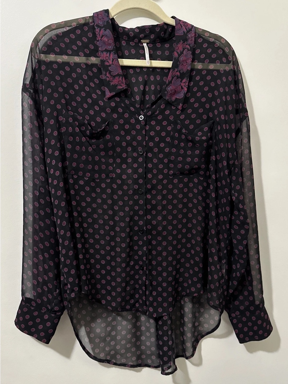 #302 FREE PEOPLE Black Sheer Button-Down Shirt with Purple Dot Print